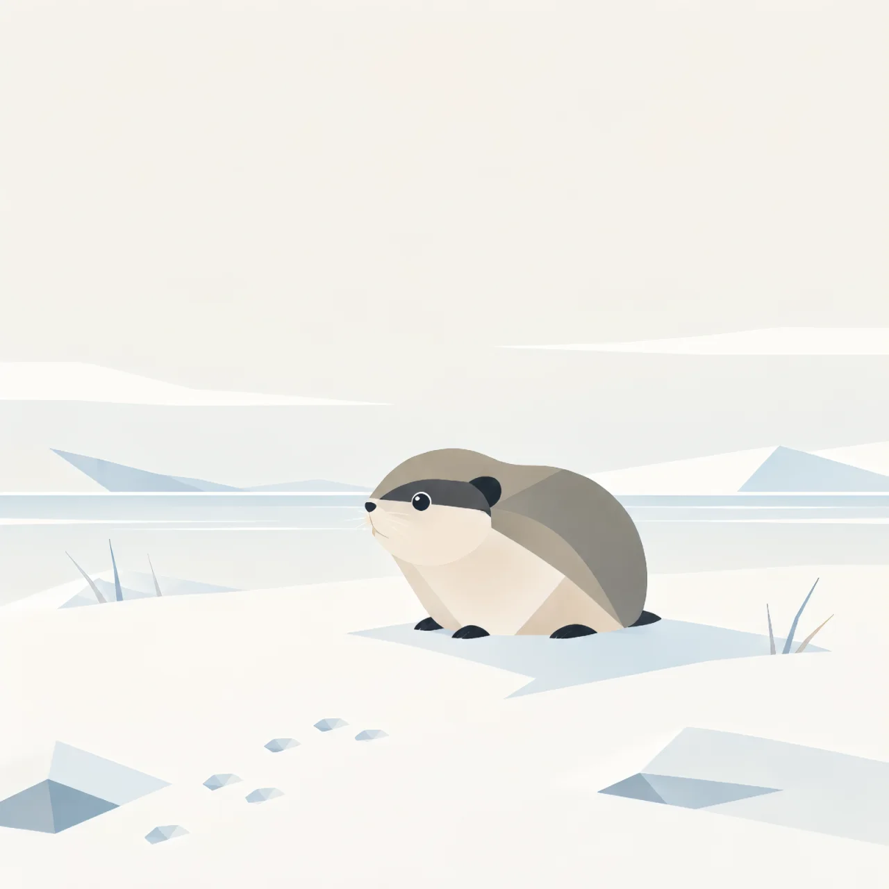 Minimalist Scandinavian lemming resting quietly on an Arctic snowfield with a rounded silhouette, subtle footprints, generous negative space, and a calm low-poly geometric design.