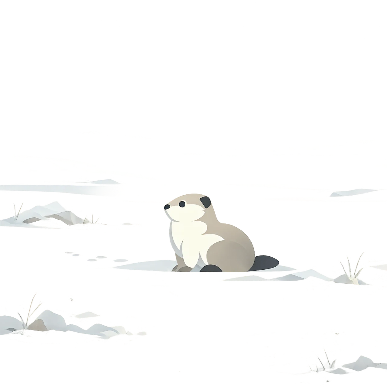 Minimalist Scandinavian Arctic ground squirrel standing quietly on the Arctic tundra with a rounded silhouette, long tail, generous negative space, and a calm low-poly geometric design.