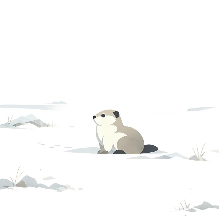Minimalist Scandinavian Arctic ground squirrel standing quietly on the Arctic tundra with a rounded silhouette, long tail, generous negative space, and a calm low-poly geometric design.