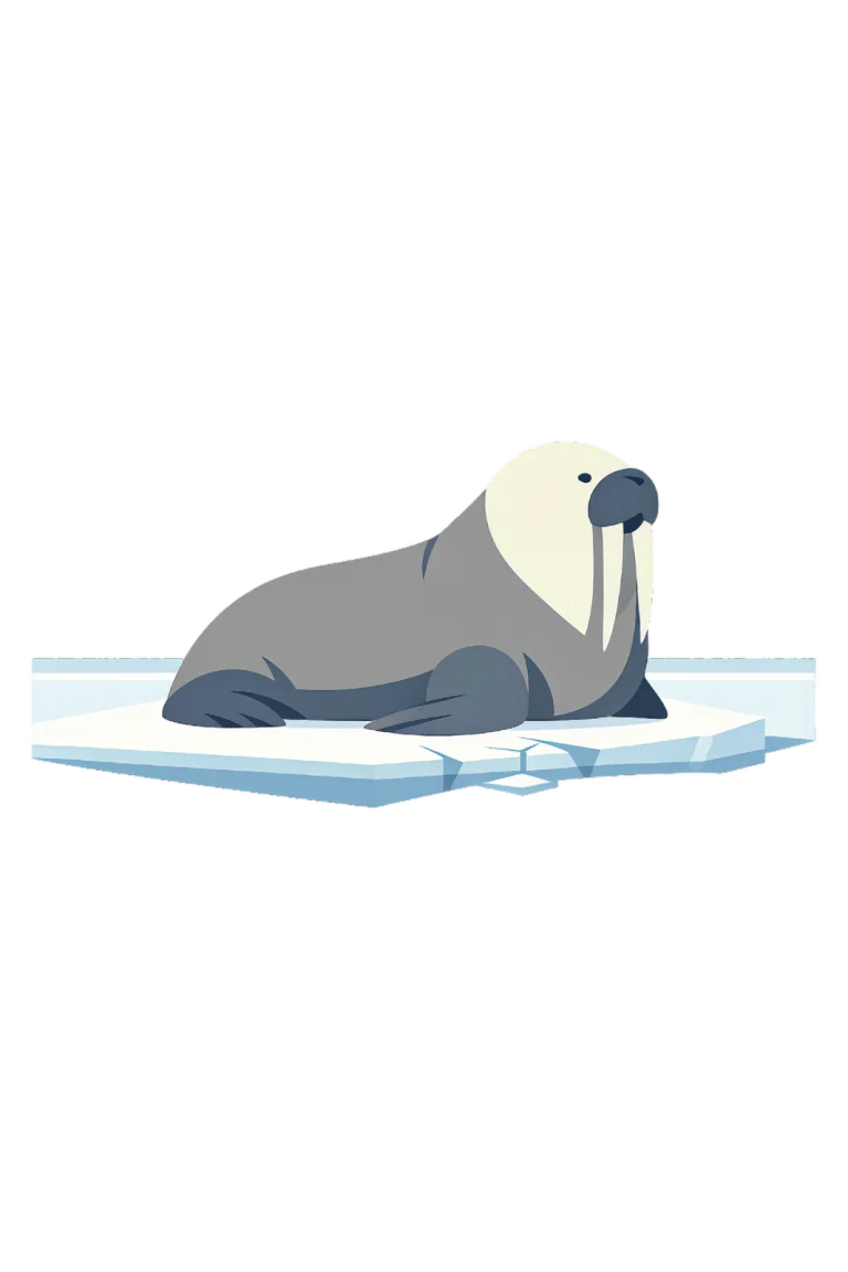 Minimalist Scandinavian walrus resting quietly on Arctic sea ice with long tusks, a powerful silhouette, generous negative space, and a calm low-poly geometric design.