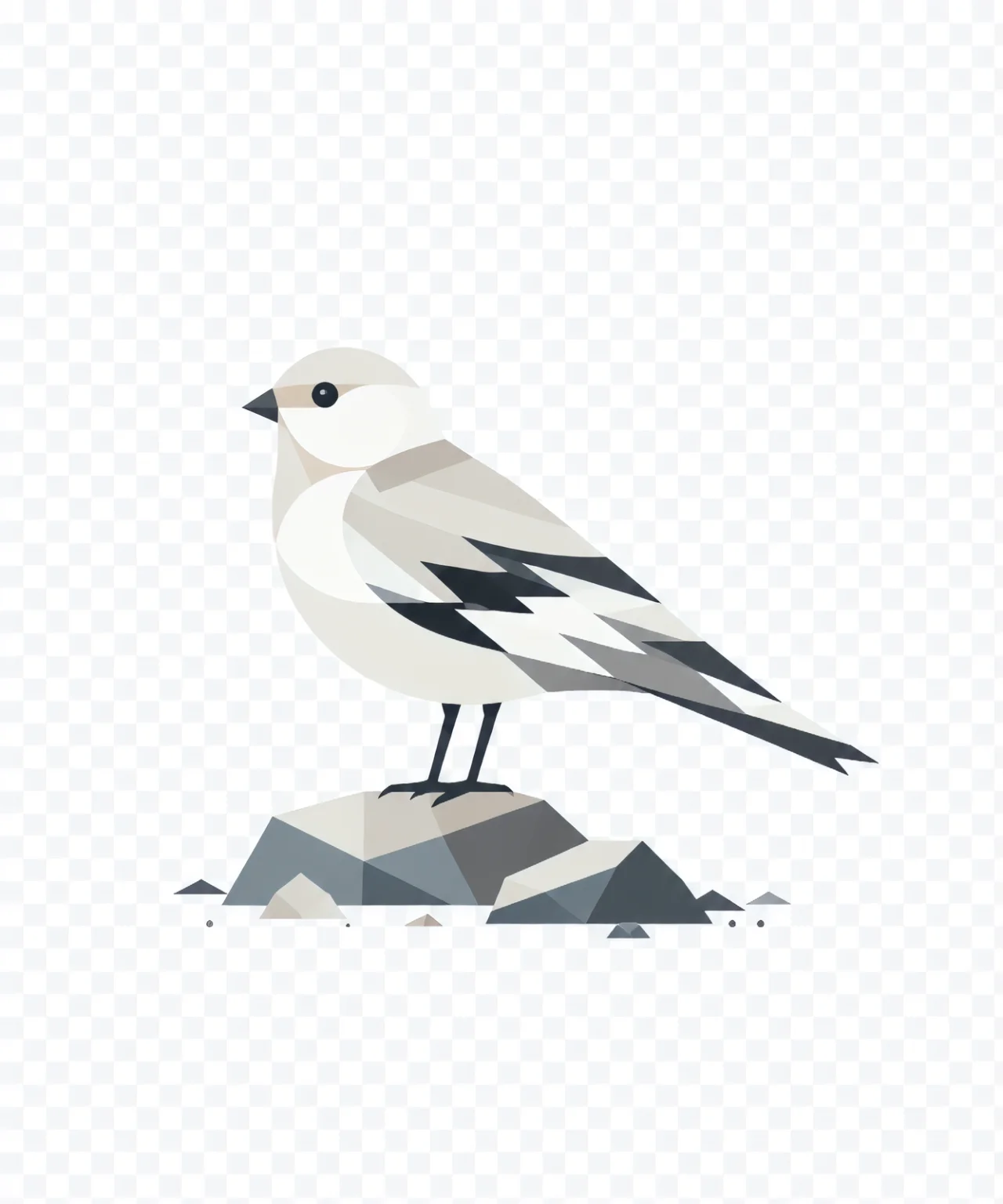 Minimalist Scandinavian snow bunting resting quietly on an Arctic snowfield with a rounded silhouette, soft winter tones, generous negative space, and a calm low-poly geometric design.