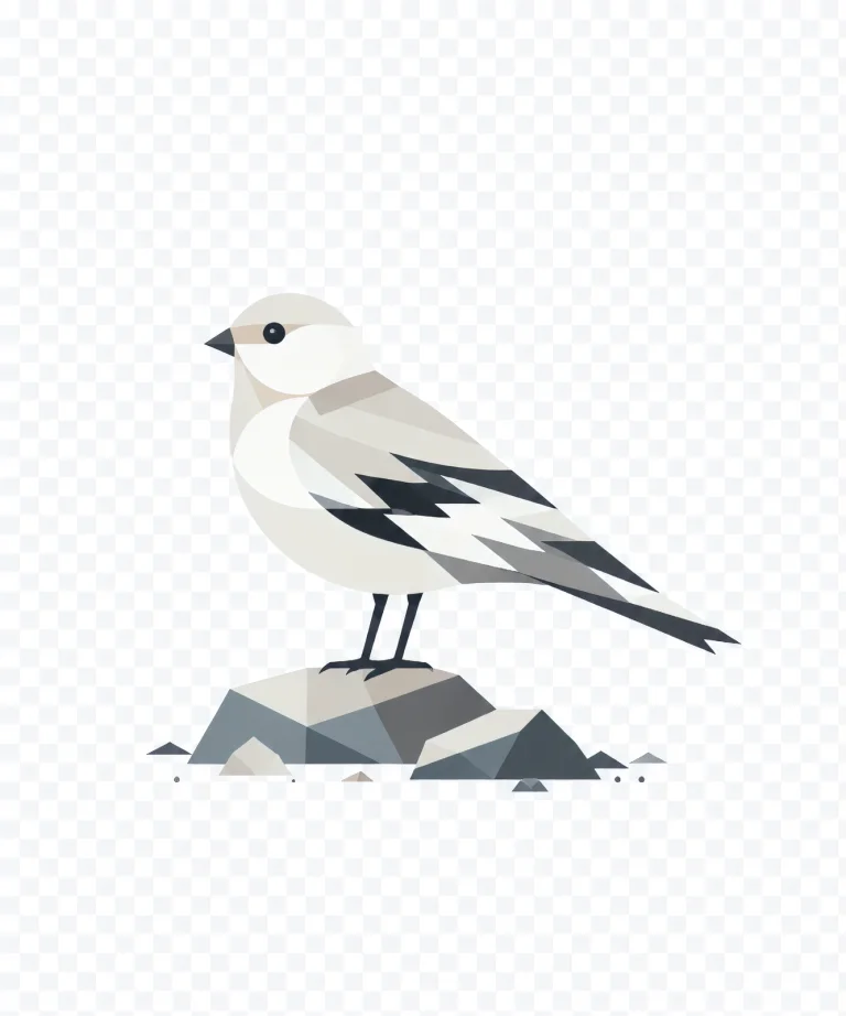 Minimalist Scandinavian snow bunting resting quietly on an Arctic snowfield with a rounded silhouette, soft winter tones, generous negative space, and a calm low-poly geometric design.