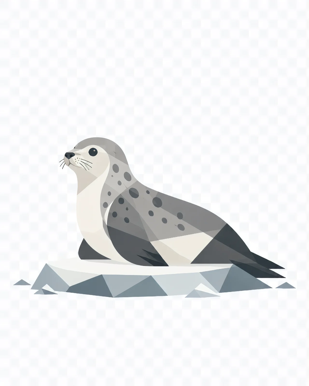 Minimalist Scandinavian ringed seal resting quietly on Arctic sea ice with a smooth rounded silhouette, generous negative space, and a calm low-poly geometric design.