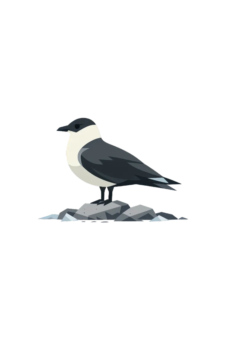 Minimalist Scandinavian Arctic skua standing quietly on a coastal rock with elegant wings, flowing tail feathers, generous negative space, and a calm low-poly geometric design.