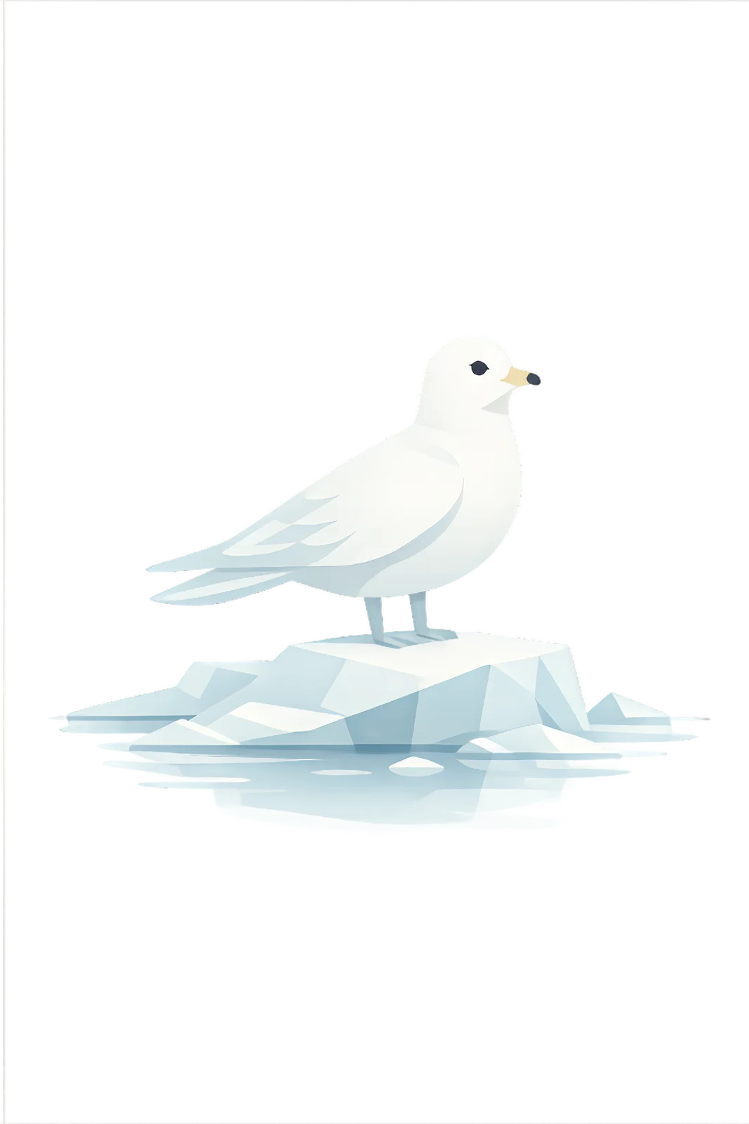 Minimalist Scandinavian ivory gull standing quietly on Arctic sea ice with a compact white silhouette, generous negative space, and a calm low-poly geometric design.