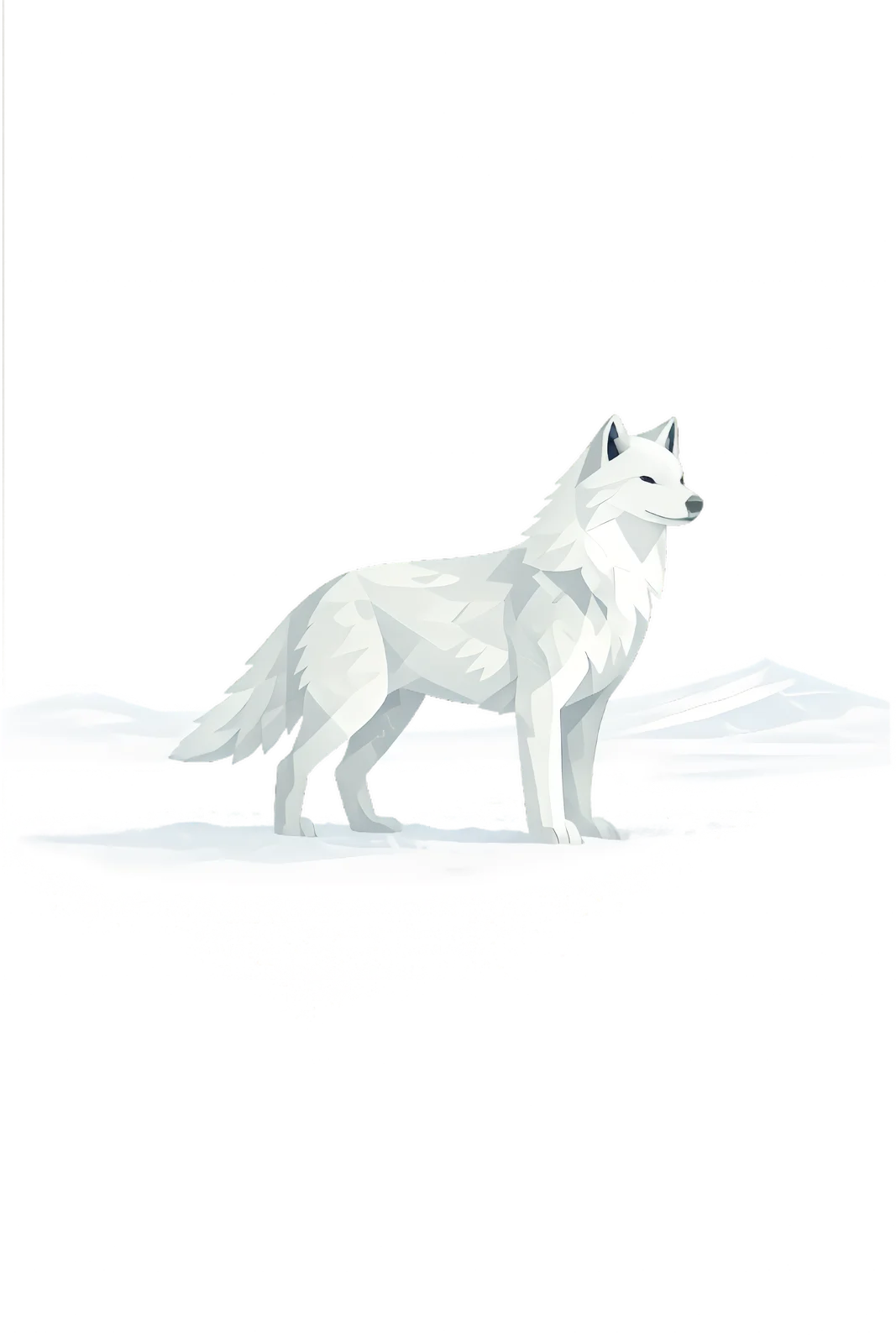 Minimalist Scandinavian Arctic wolf standing quietly on a snowy Arctic plain with a white silhouette, long legs, generous negative space, and a calm low-poly geometric design.