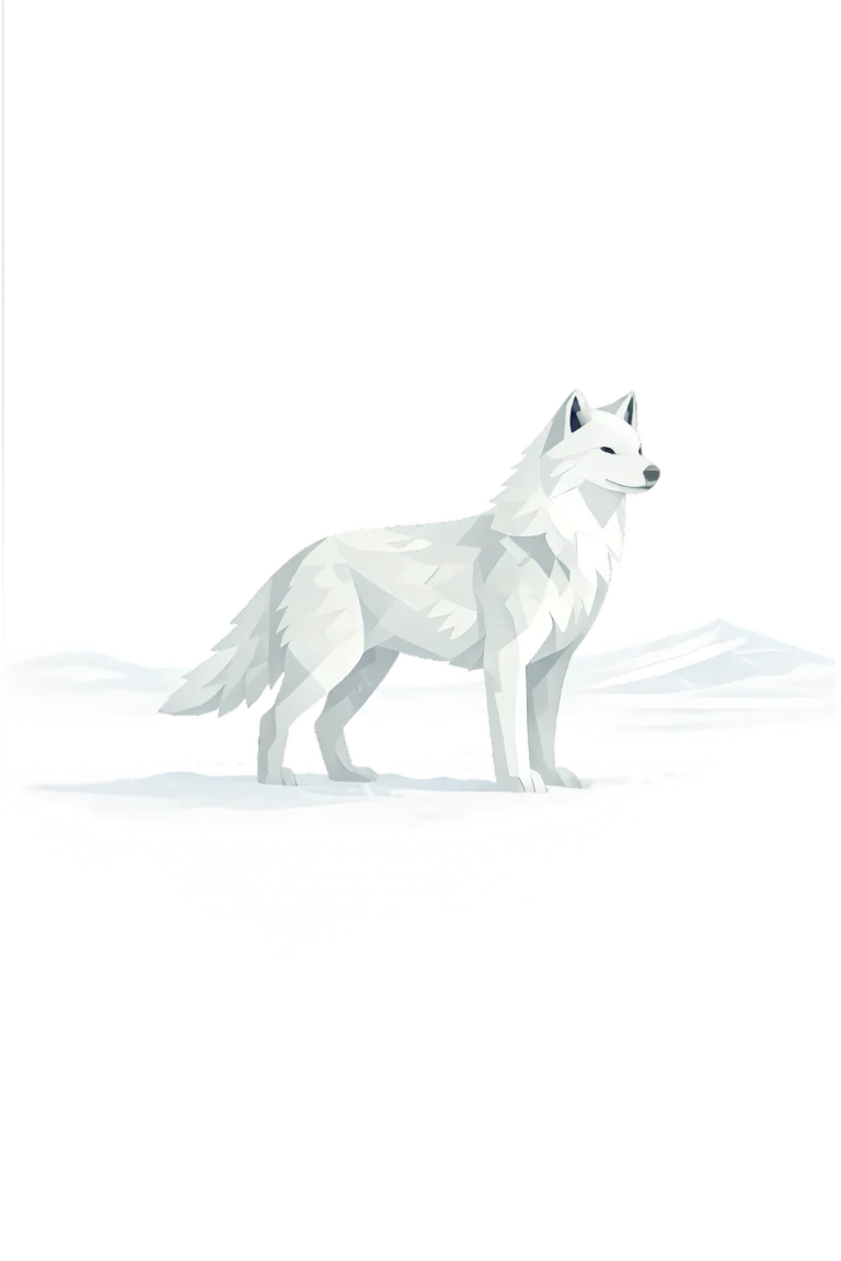 Minimalist Scandinavian Arctic wolf standing quietly on a snowy Arctic plain with a white silhouette, long legs, generous negative space, and a calm low-poly geometric design.