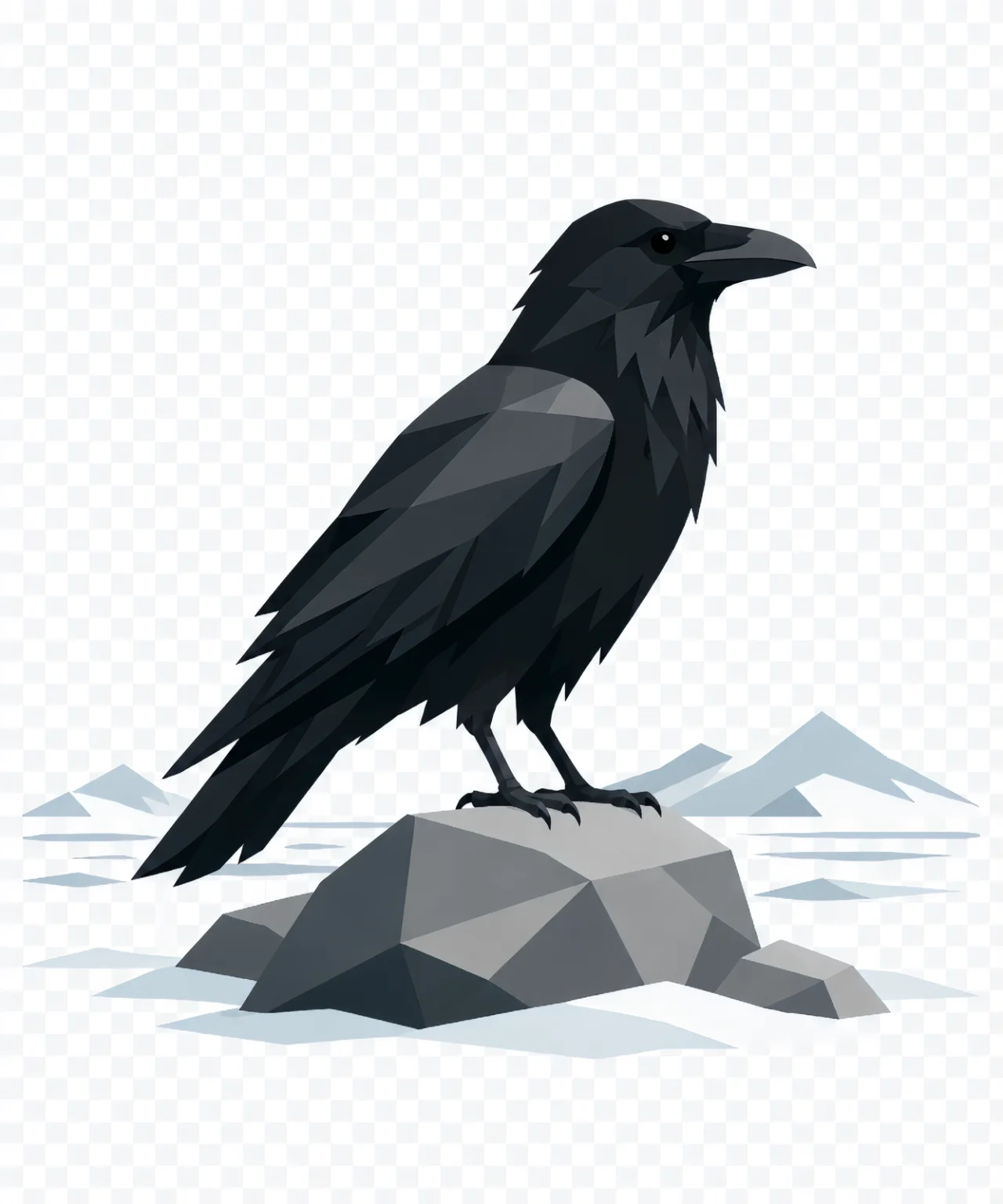 Minimalist Scandinavian raven standing quietly on a northern rock with a bold black silhouette, folded wings, generous negative space, and a calm low-poly geometric design.