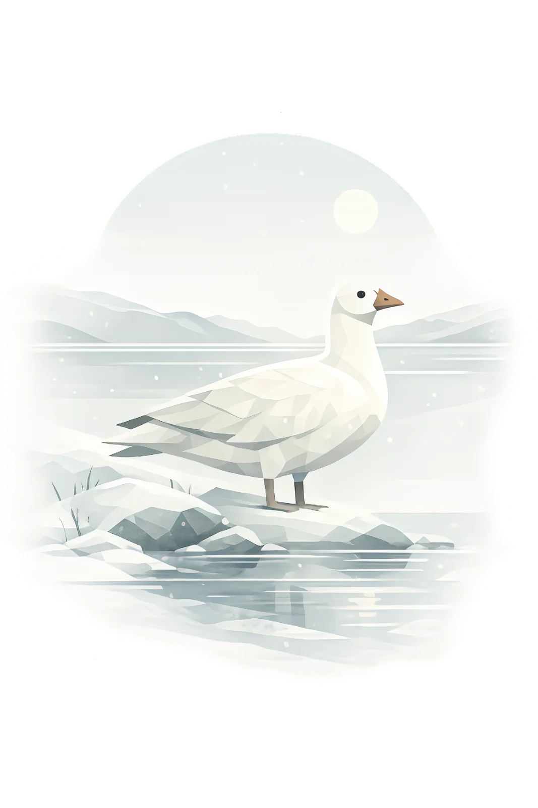 Minimalist Scandinavian snow goose standing quietly beside a snowy Arctic lake with a graceful white silhouette, generous negative space, and a calm low-poly geometric design.
