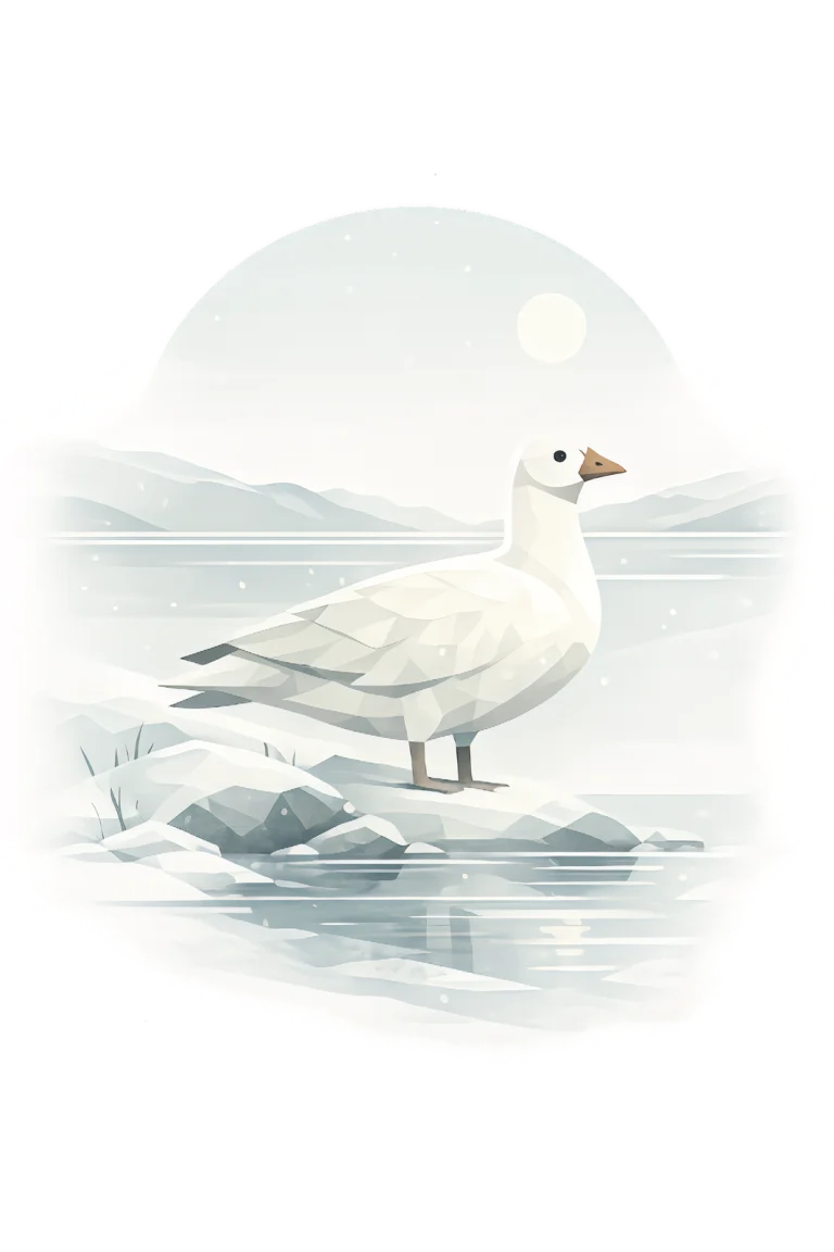 Minimalist Scandinavian snow goose standing quietly beside a snowy Arctic lake with a graceful white silhouette, generous negative space, and a calm low-poly geometric design.