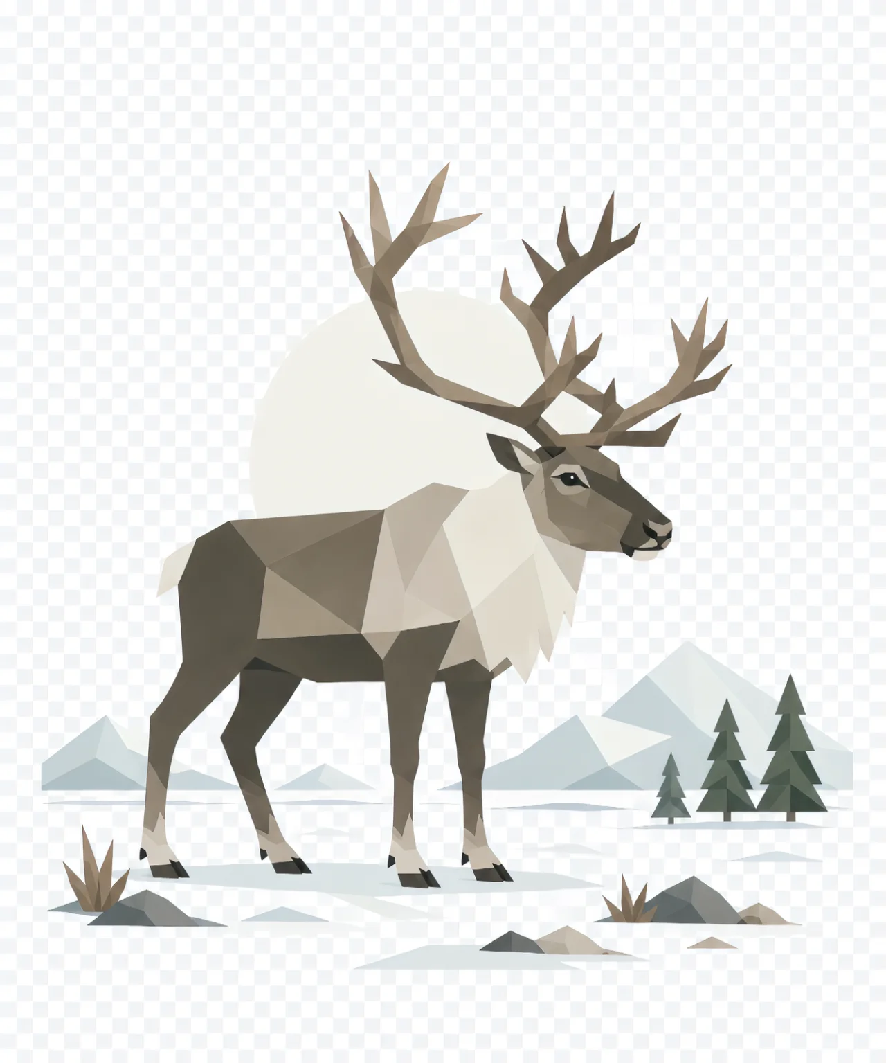 Minimalist Scandinavian caribou standing quietly on the Arctic tundra with large branching antlers, generous negative space, and a calm low-poly geometric design.