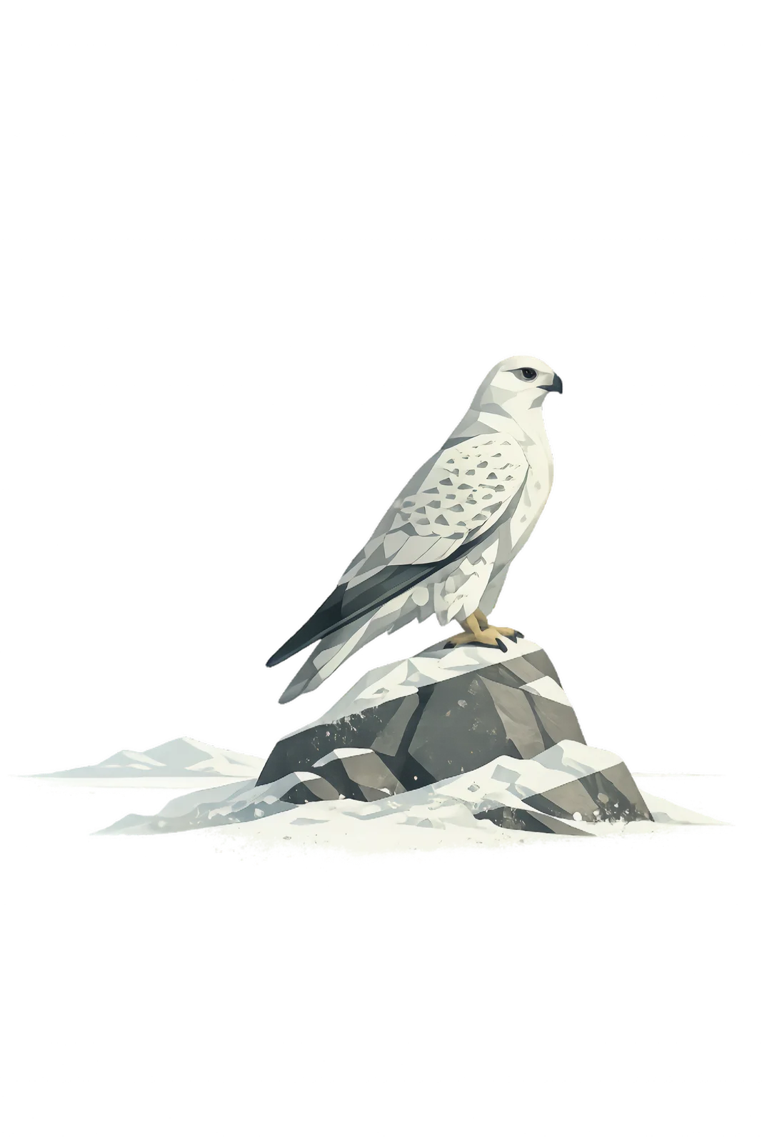 Minimalist Scandinavian gyrfalcon standing quietly on an Arctic rock with folded wings, a refined white silhouette, generous negative space, and a calm low-poly geometric design.