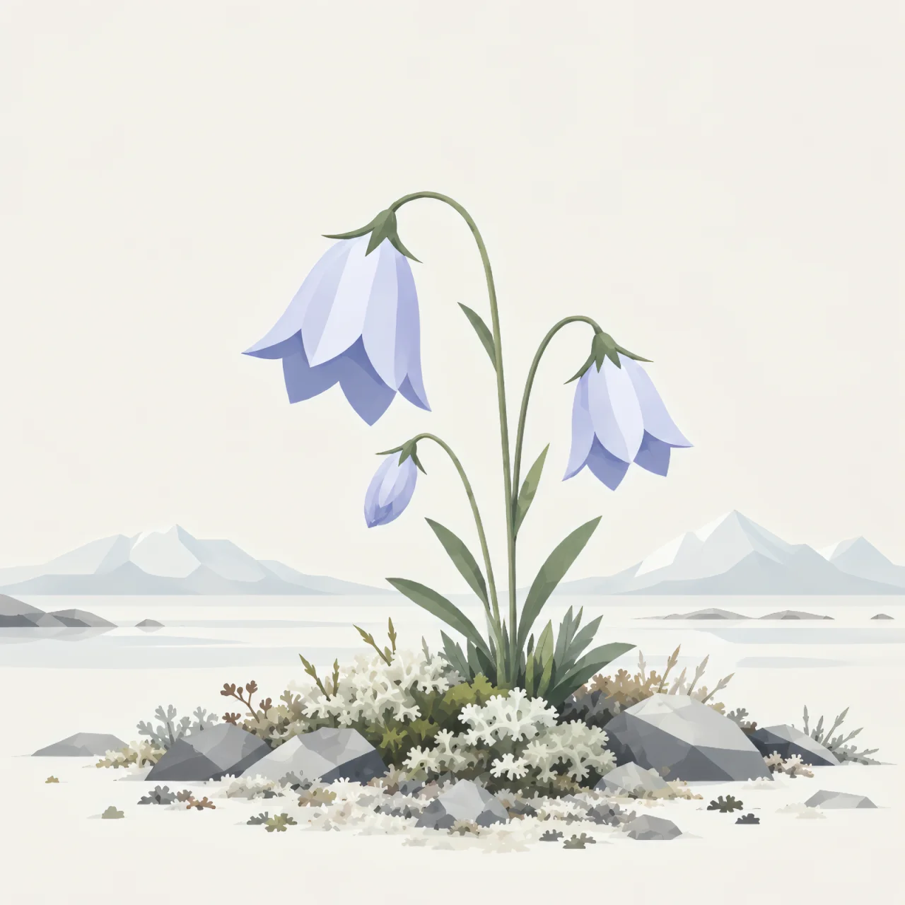 Minimalist Scandinavian Arctic harebell flower standing alone on the northern tundra with a delicate bell-shaped bloom, generous negative space, and a calm low-poly geometric design.