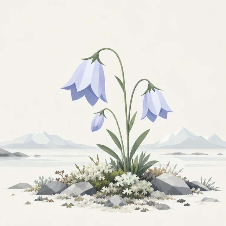 Minimalist Scandinavian Arctic harebell flower standing alone on the northern tundra with a delicate bell-shaped bloom, generous negative space, and a calm low-poly geometric design.
