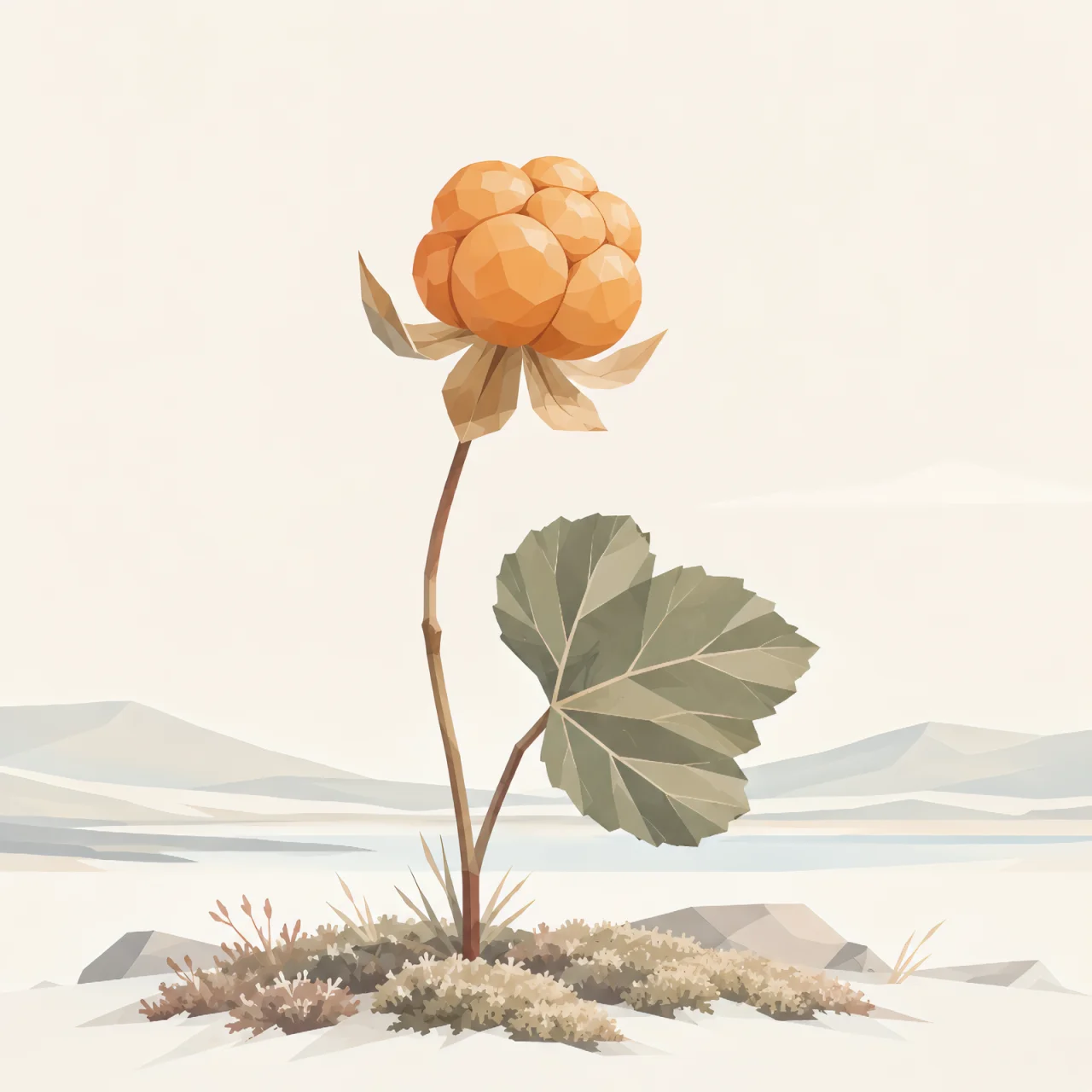 Minimalist Scandinavian cloudberry growing alone on the Arctic tundra with a single golden berry, delicate leaves, generous negative space, and a calm low-poly geometric design.