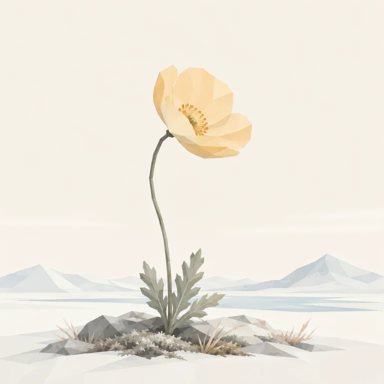 Minimalist Scandinavian Arctic poppy standing alone on the northern tundra with a soft yellow bloom, slender stem, generous negative space, and a calm low-poly geometric design.