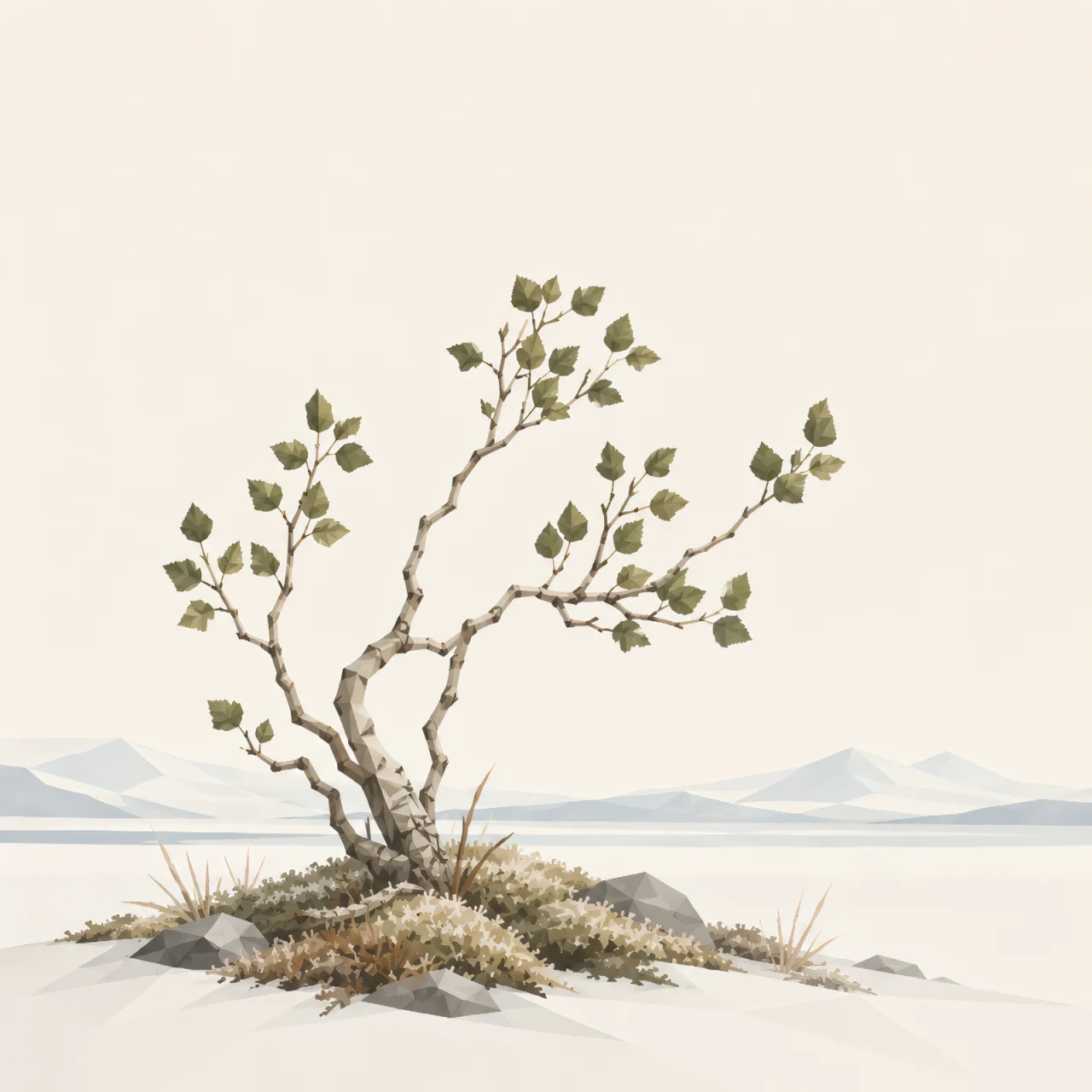 Minimalist Scandinavian dwarf birch growing low across the Arctic tundra with delicate branches, small leaves, generous negative space, and a calm low-poly geometric design.