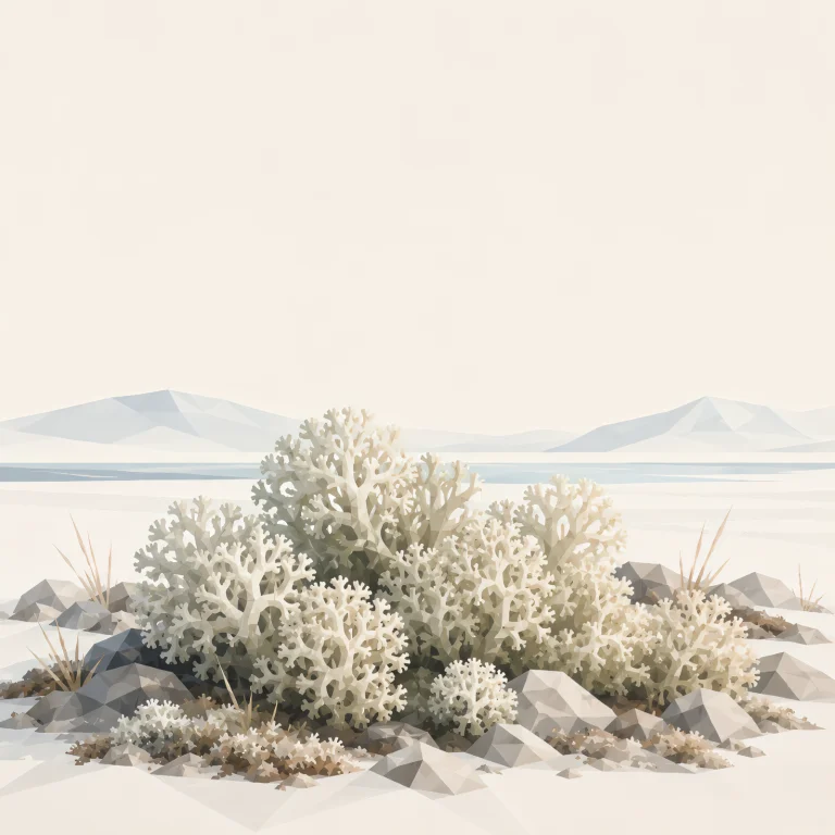 Minimalist Scandinavian reindeer moss growing across the Arctic tundra with delicate branching forms, generous negative space, and a calm low-poly geometric design.