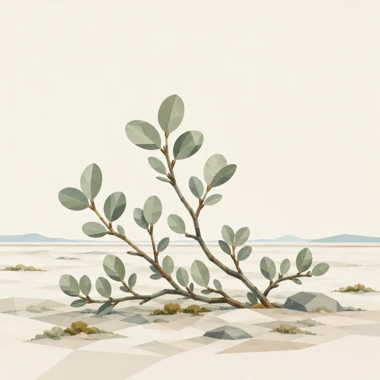Minimalist Scandinavian Arctic willow spreading gently across the tundra with low branches, delicate leaves, generous negative space, and a calm low-poly geometric design.