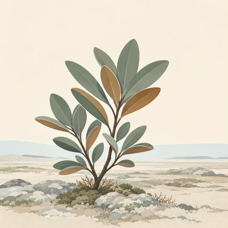 Minimalist Scandinavian Labrador tea growing quietly on the Arctic tundra with distinctive oval leaves, generous negative space, and a calm low-poly geometric design.