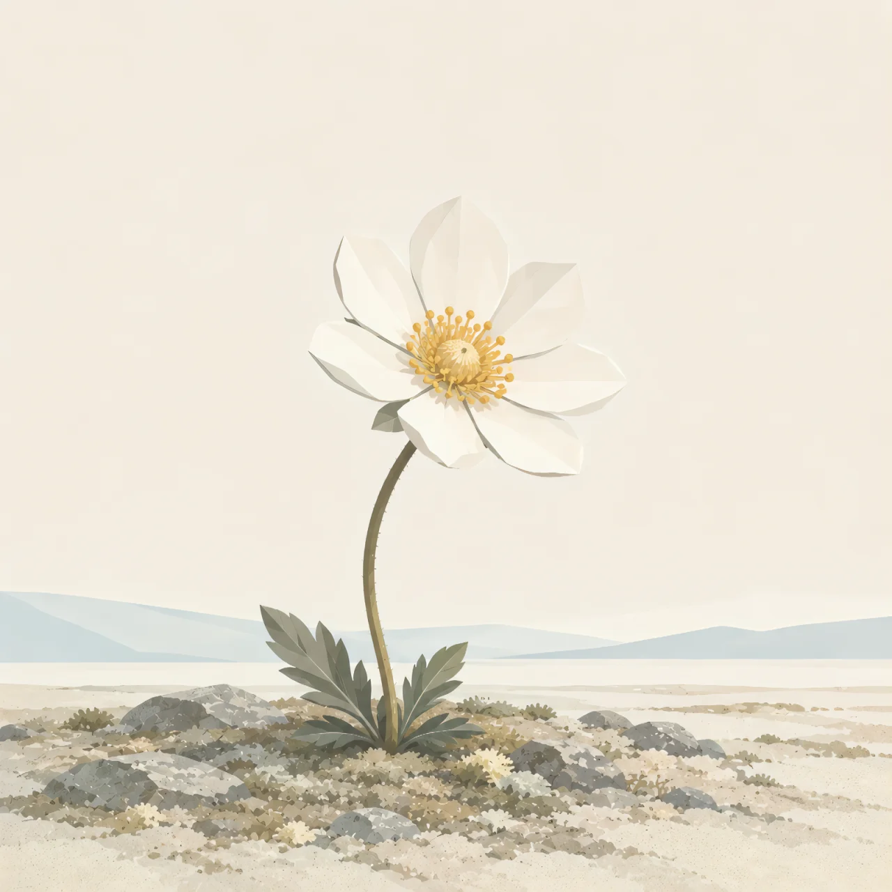 Minimalist Scandinavian mountain avens standing quietly on the Arctic tundra with white petals, a golden center, generous negative space, and a calm low-poly geometric design.
