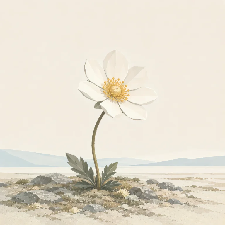 Minimalist Scandinavian mountain avens standing quietly on the Arctic tundra with white petals, a golden center, generous negative space, and a calm low-poly geometric design.