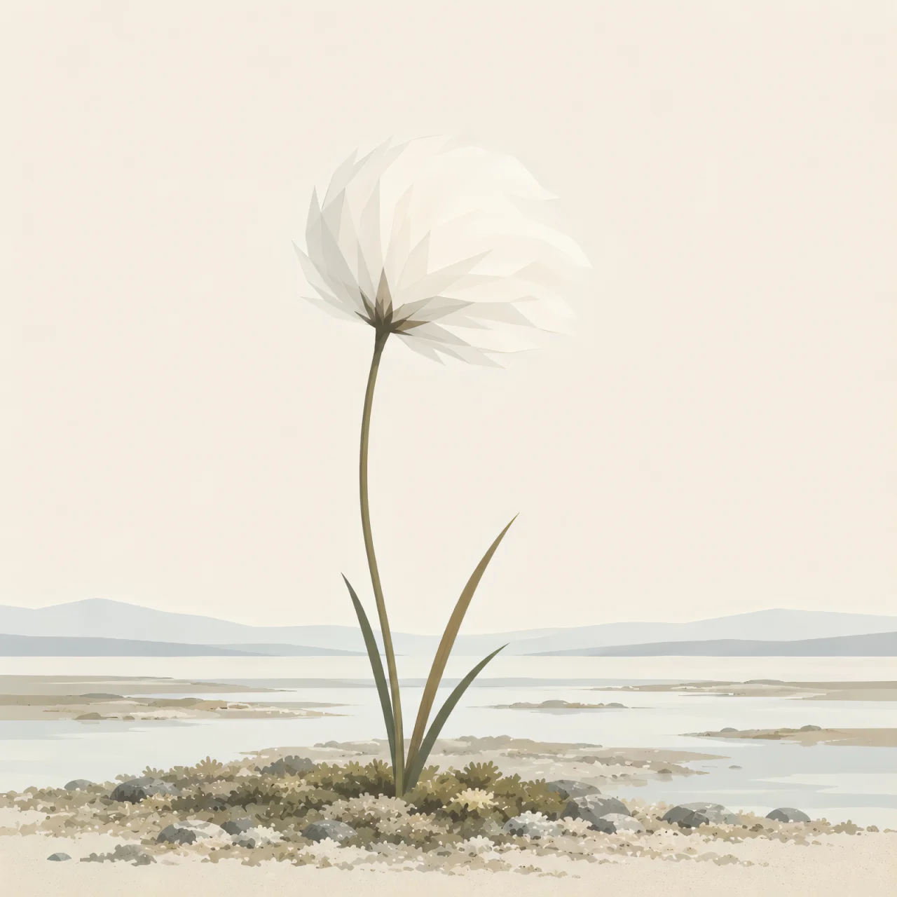 Minimalist Scandinavian cotton grass standing alone in an Arctic wetland with a delicate white seed head, generous negative space, and a calm low-poly geometric design.