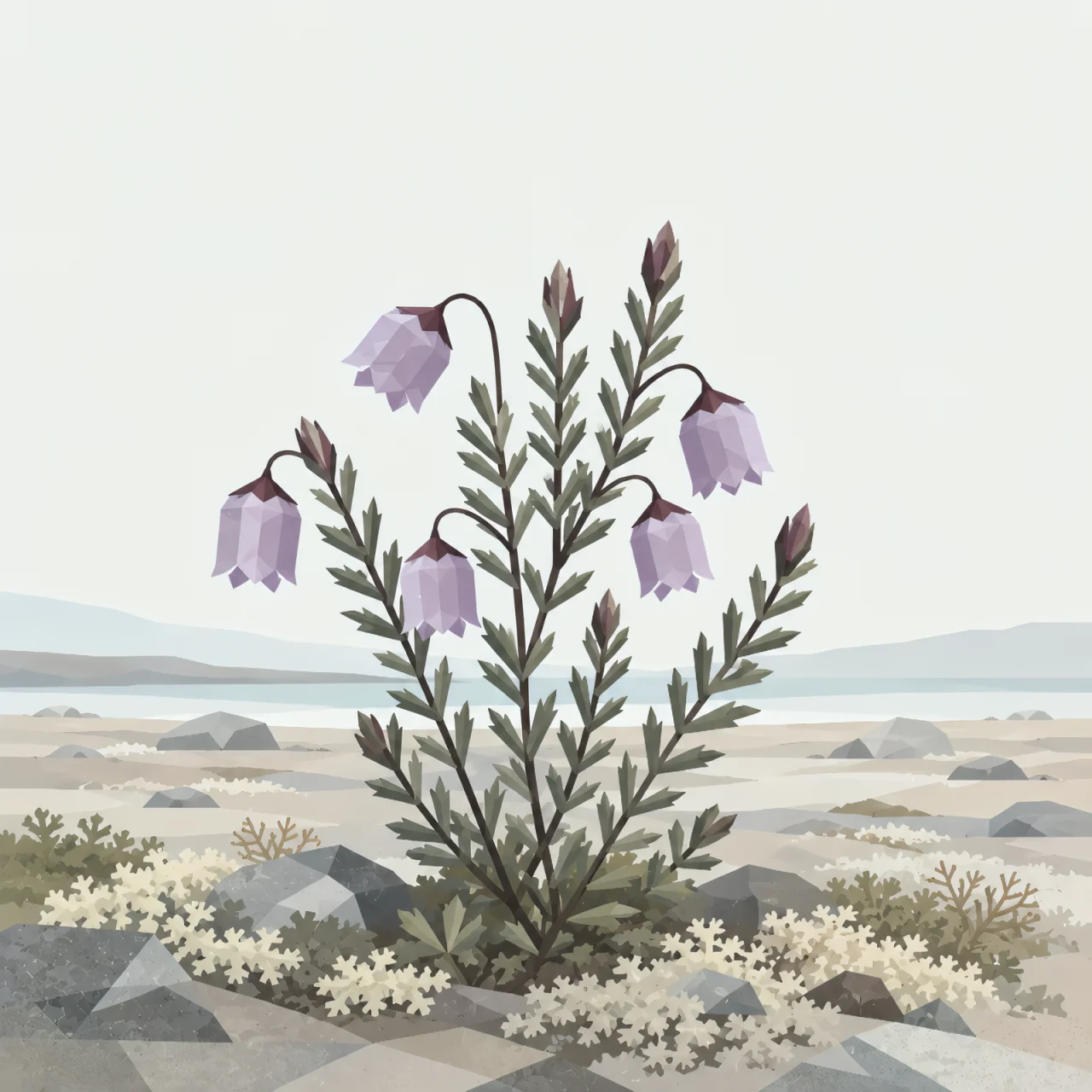 Minimalist Scandinavian Arctic heather growing across the northern tundra with delicate purple blossoms, generous negative space, and a calm low-poly geometric design.