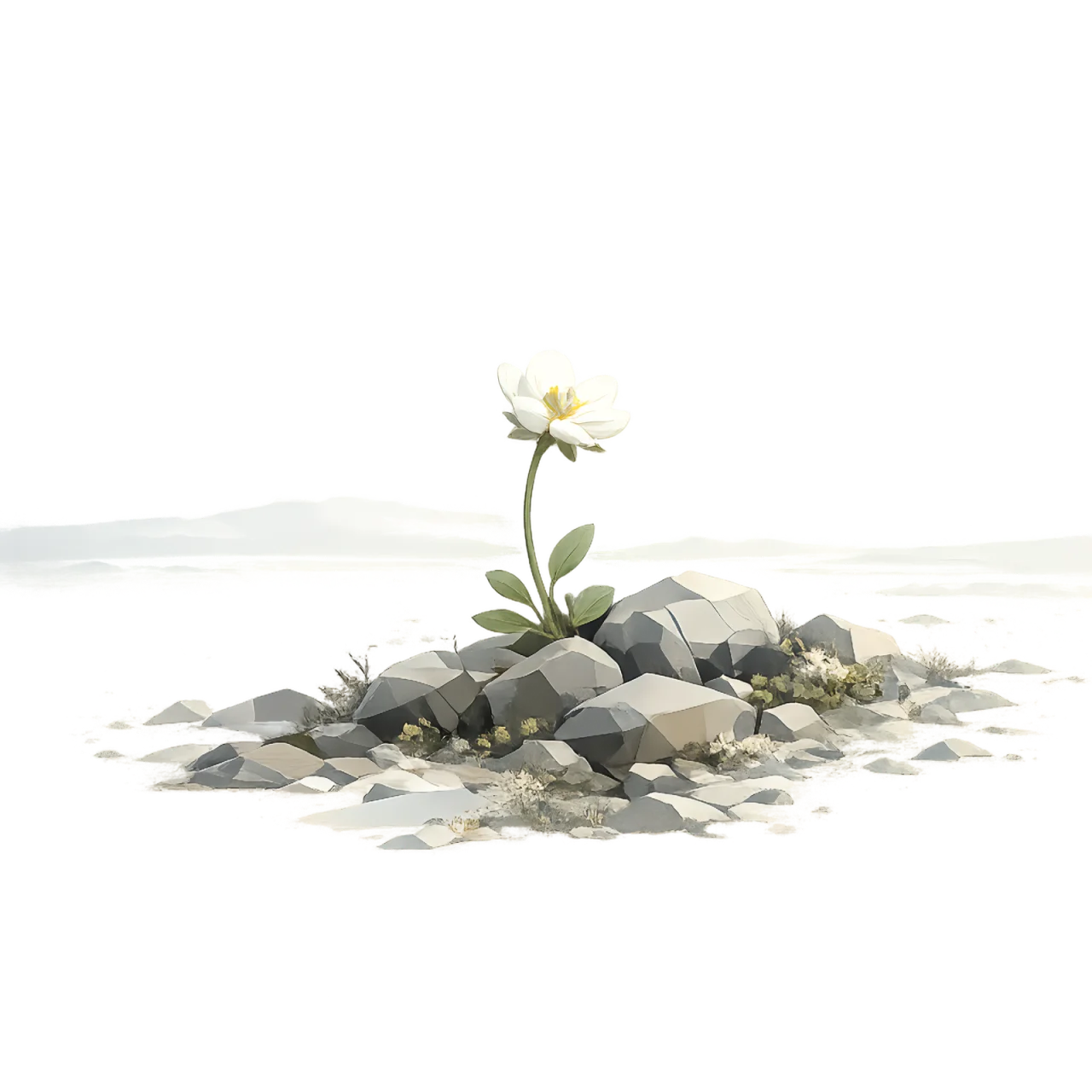 Minimalist Scandinavian Arctic saxifrage blooming among Arctic rocks with white petals, a golden center, generous negative space, and a calm low-poly geometric design.