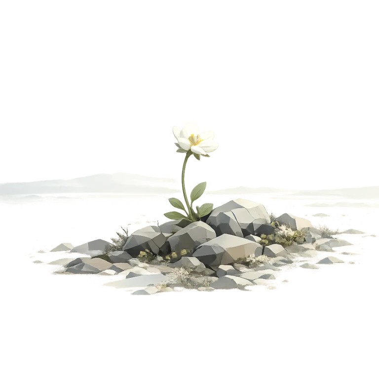 Minimalist Scandinavian Arctic saxifrage blooming among Arctic rocks with white petals, a golden center, generous negative space, and a calm low-poly geometric design.