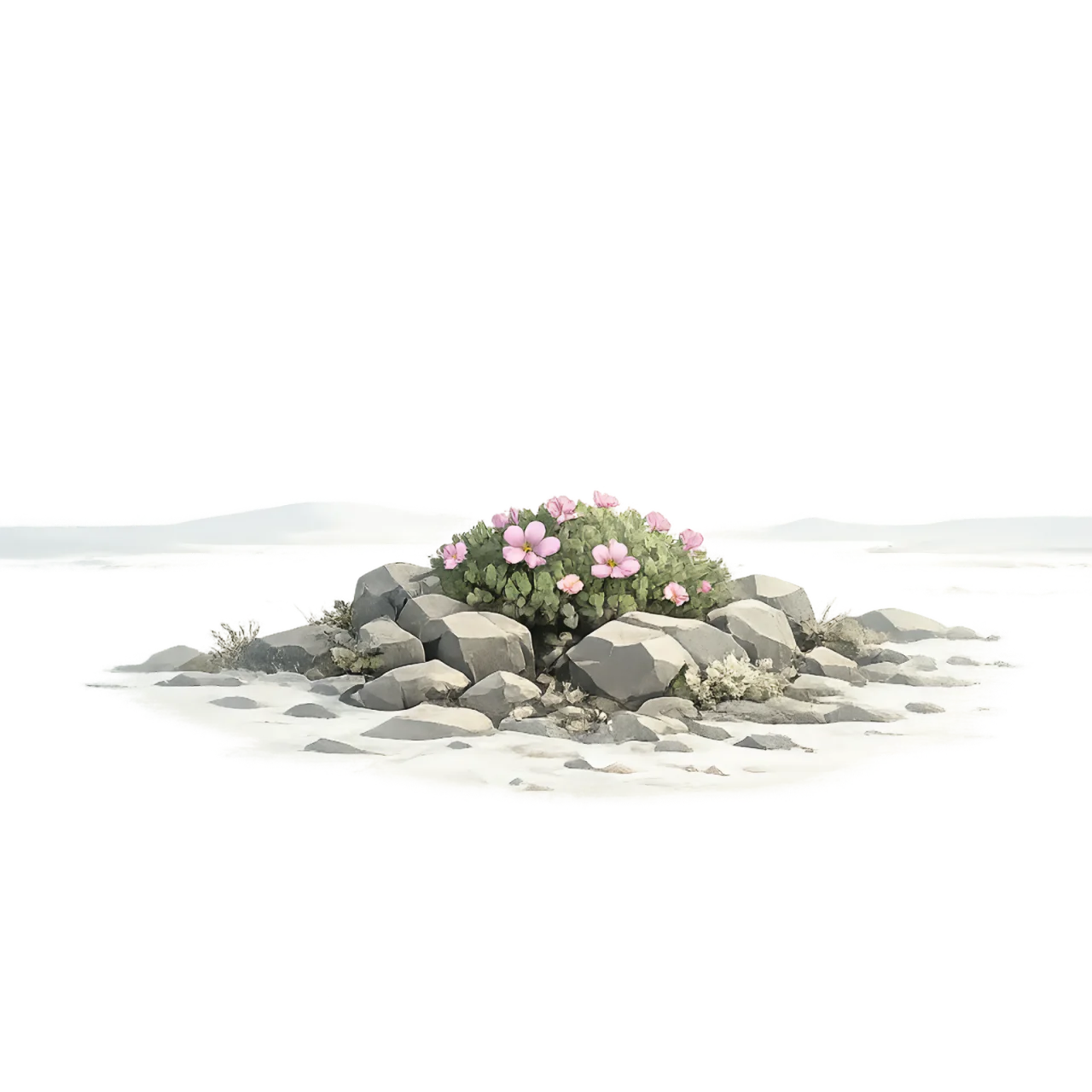 Minimalist Scandinavian moss campion growing as a rounded cushion on Arctic rocks with subtle pink blossoms, generous negative space, and a calm low-poly geometric design.