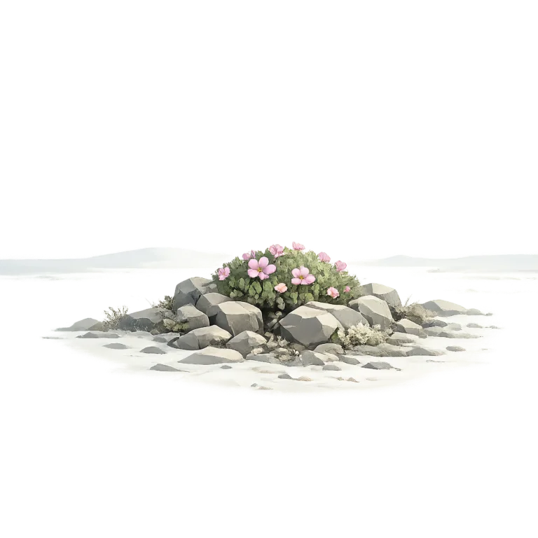 Minimalist Scandinavian moss campion growing as a rounded cushion on Arctic rocks with subtle pink blossoms, generous negative space, and a calm low-poly geometric design.