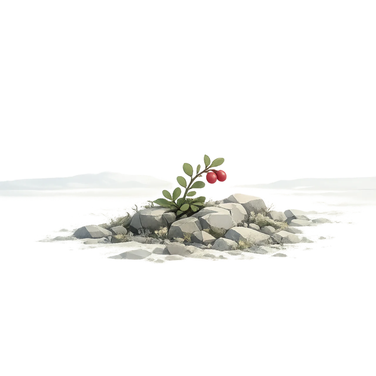 Minimalist Scandinavian alpine bearberry branch with deep red berries growing among Arctic rocks, generous negative space, and a calm low-poly geometric design.