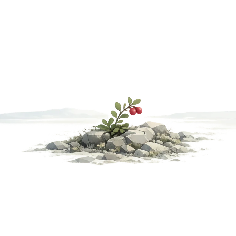 Minimalist Scandinavian alpine bearberry branch with deep red berries growing among Arctic rocks, generous negative space, and a calm low-poly geometric design.