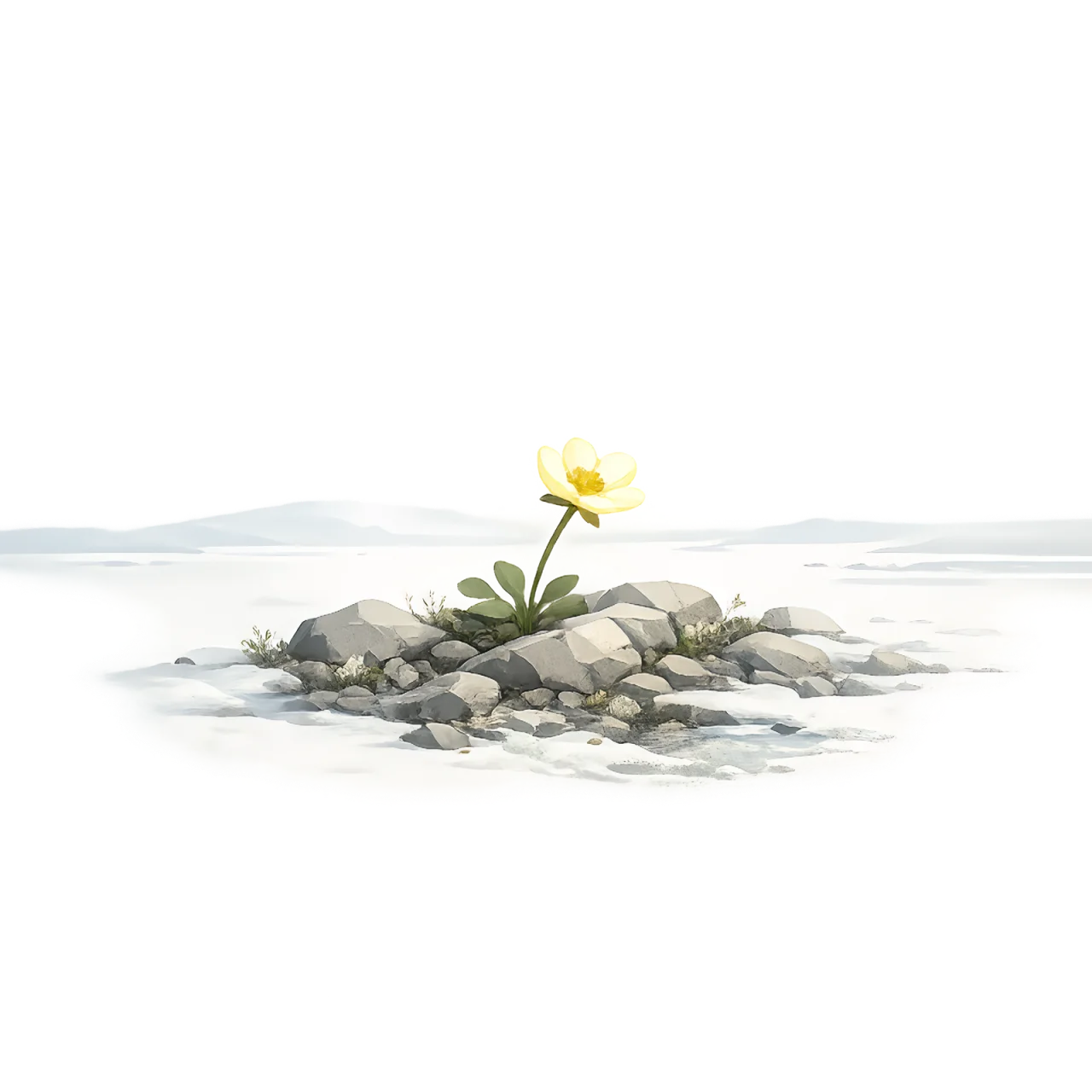 Minimalist Scandinavian snow buttercup blooming beside melting snow and Arctic rocks with soft yellow petals, generous negative space, and a calm low-poly geometric design.