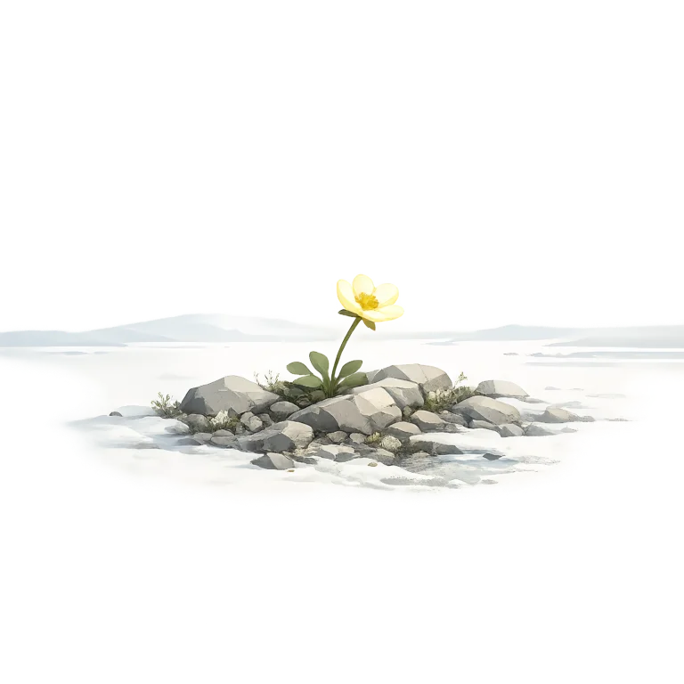 Minimalist Scandinavian snow buttercup blooming beside melting snow and Arctic rocks with soft yellow petals, generous negative space, and a calm low-poly geometric design.
