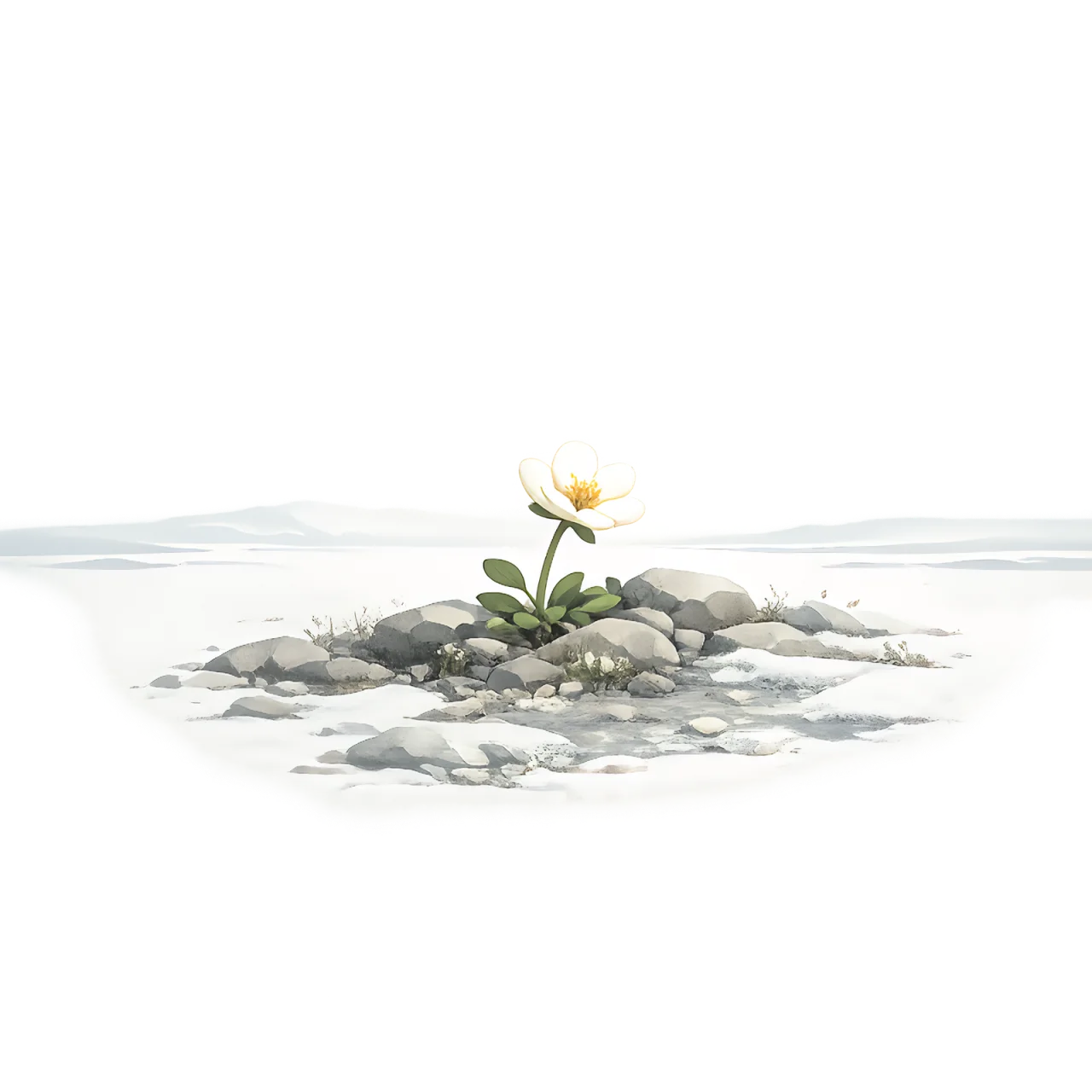 Minimalist Scandinavian Arctic dryad blooming among Arctic rocks with white petals, a golden center, generous negative space, and a calm low-poly geometric design.
