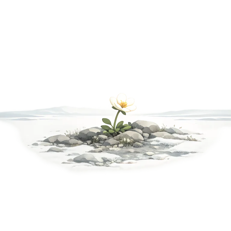 Minimalist Scandinavian Arctic dryad blooming among Arctic rocks with white petals, a golden center, generous negative space, and a calm low-poly geometric design.