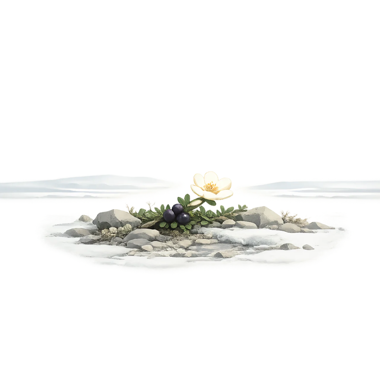 Minimalist Scandinavian crowberry branch with deep purple berries growing among Arctic rocks, generous negative space, and a calm low-poly geometric design.