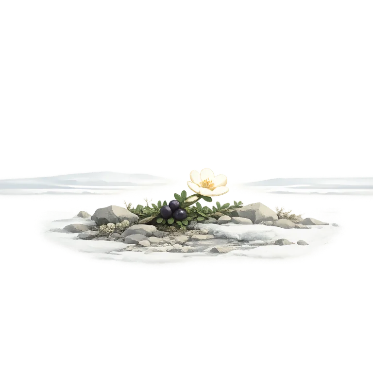 Minimalist Scandinavian crowberry branch with deep purple berries growing among Arctic rocks, generous negative space, and a calm low-poly geometric design.