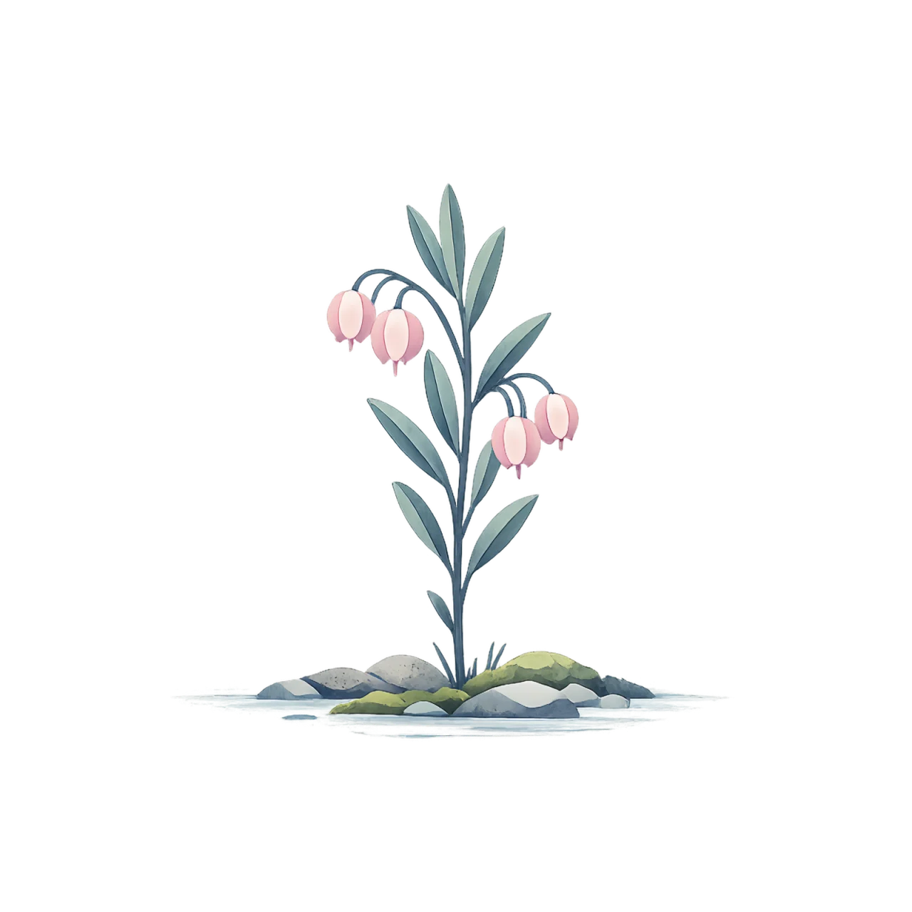 Minimalist Scandinavian bog rosemary with delicate downward-facing pink flowers growing in Arctic wetlands, generous negative space, and a calm low-poly geometric design.