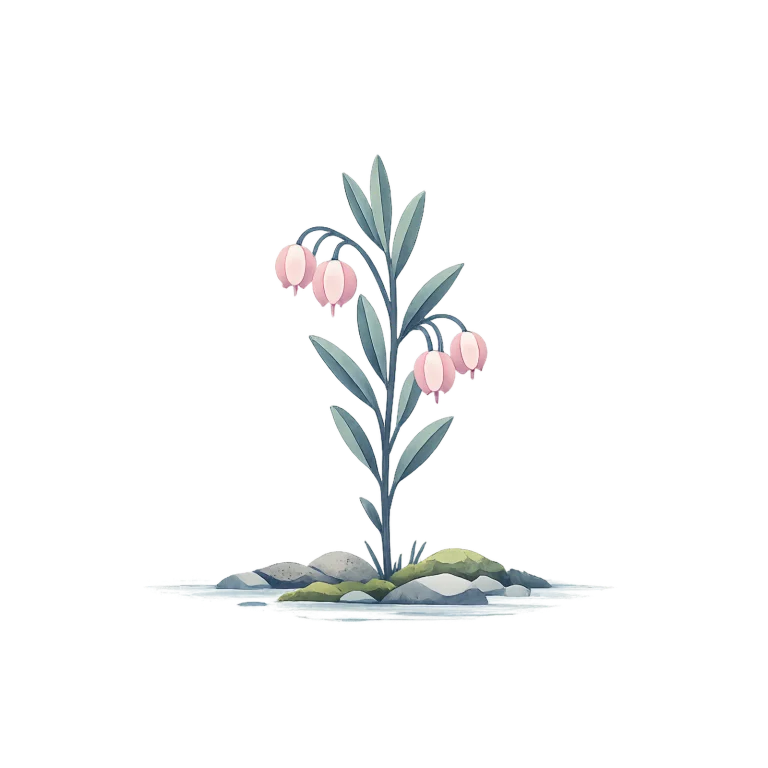 Minimalist Scandinavian bog rosemary with delicate downward-facing pink flowers growing in Arctic wetlands, generous negative space, and a calm low-poly geometric design.