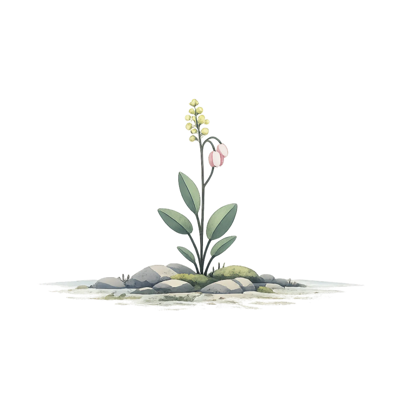 Minimalist Scandinavian mountain sorrel with fresh green heart-shaped leaves growing among Arctic rocks, generous negative space, and a calm low-poly geometric design.