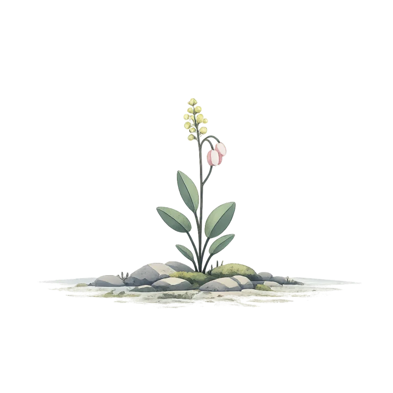 Minimalist Scandinavian mountain sorrel with fresh green heart-shaped leaves growing among Arctic rocks, generous negative space, and a calm low-poly geometric design.