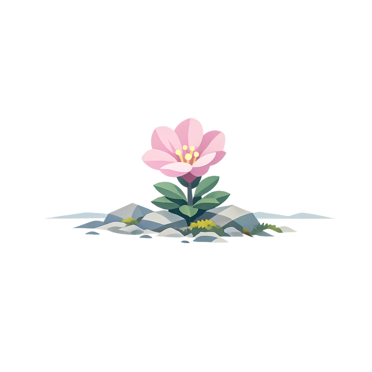Minimalist Scandinavian Lapland rosebay with soft pink blossoms growing among Arctic rocks, generous negative space, and a calm low-poly geometric design.
