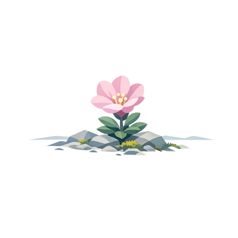 Minimalist Scandinavian Lapland rosebay with soft pink blossoms growing among Arctic rocks, generous negative space, and a calm low-poly geometric design.