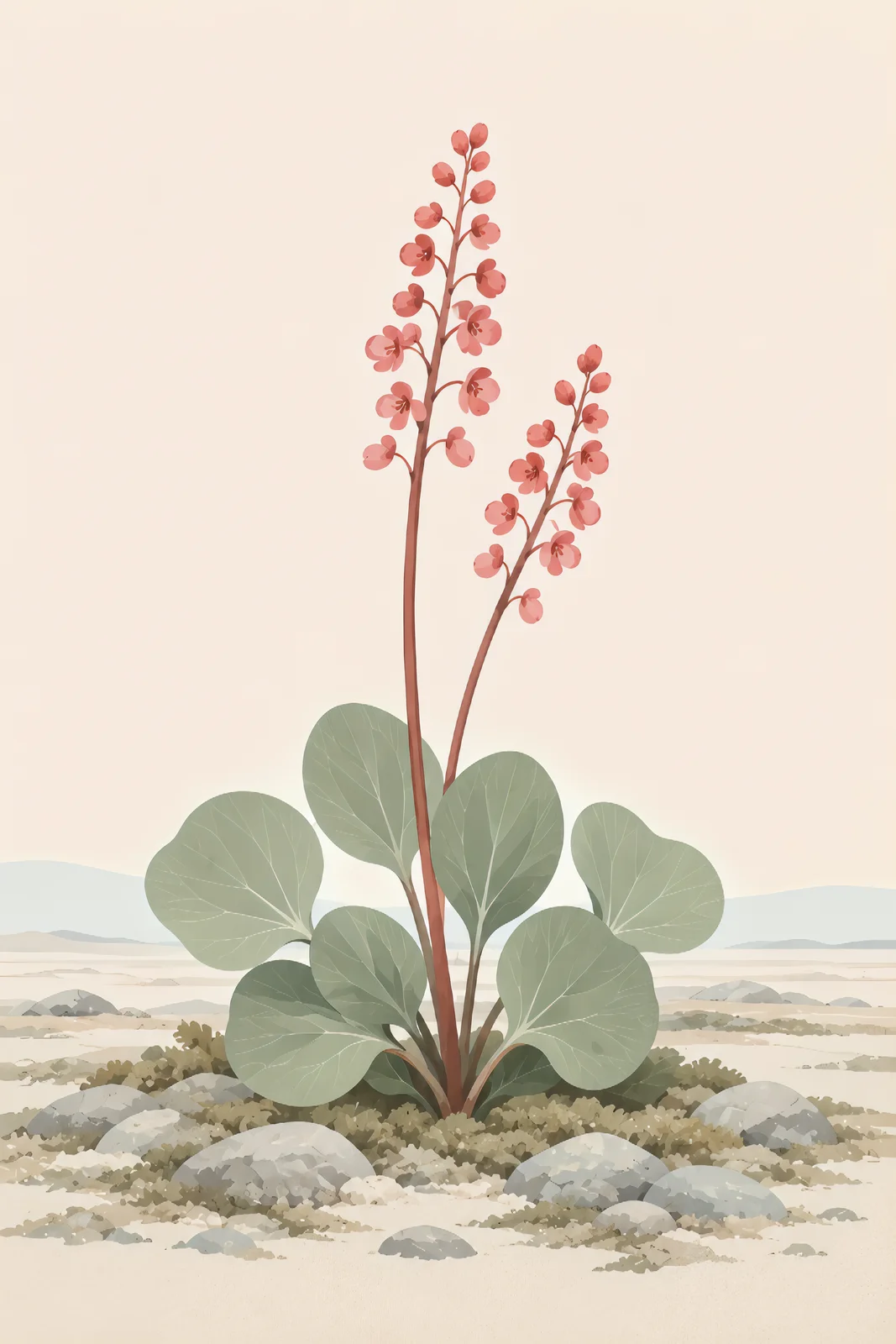 Minimalist Scandinavian mountain sorrel bloom with a slender flowering spike rising above Arctic tundra, balanced geometric design, generous negative space, and a calm Nordic botanical atmosphere.