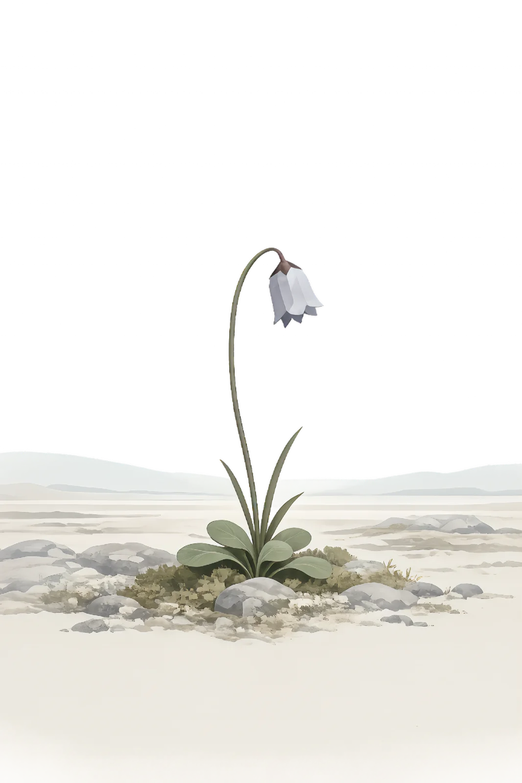Minimalist Scandinavian arctic bellflower with delicate bell-shaped flowers rising above Arctic tundra, slender stem, generous negative space, and calm low-poly geometric botanical design.