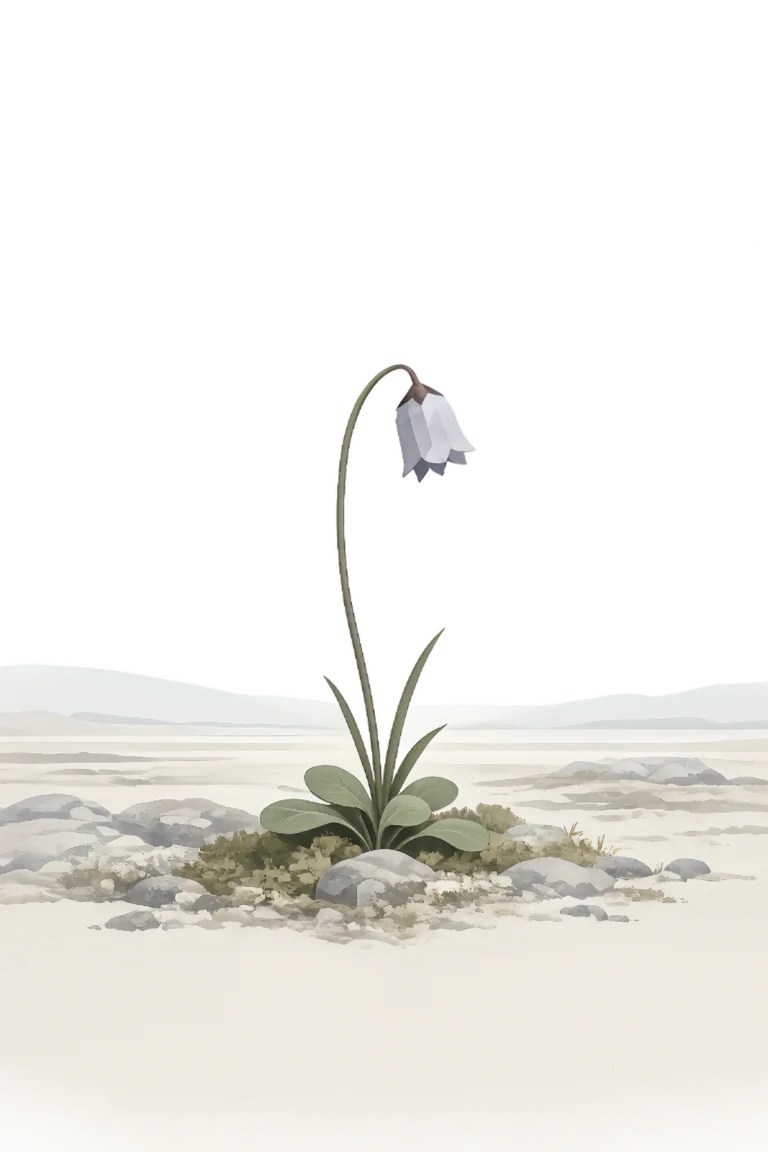 Minimalist Scandinavian arctic bellflower with delicate bell-shaped flowers rising above Arctic tundra, slender stem, generous negative space, and calm low-poly geometric botanical design.