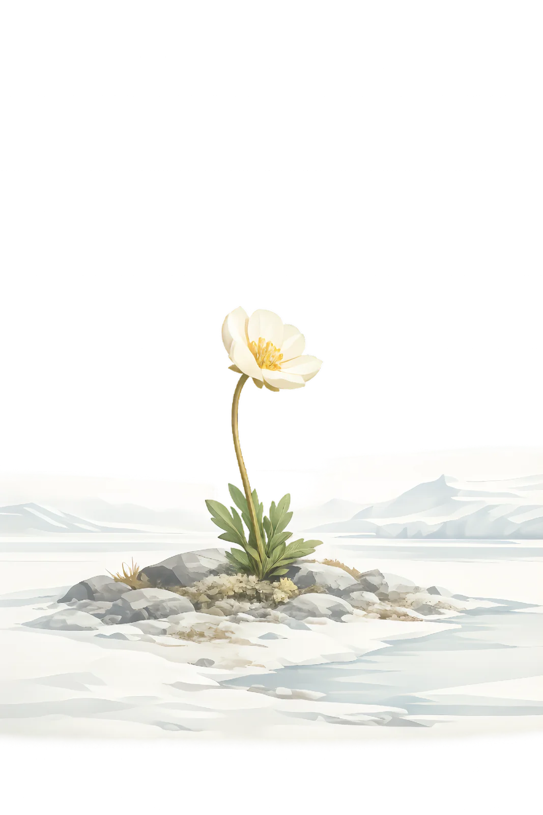 Minimalist Scandinavian glacier buttercup with a single yellow flower rising from Arctic glacier rocks, slender stem, generous negative space, and calm low-poly geometric botanical design.